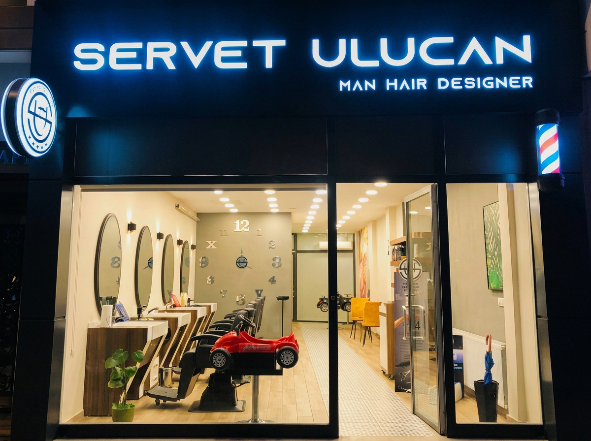 Servet Ulucan Erkek Kuaförü — Balçova, İzmir gece cephe